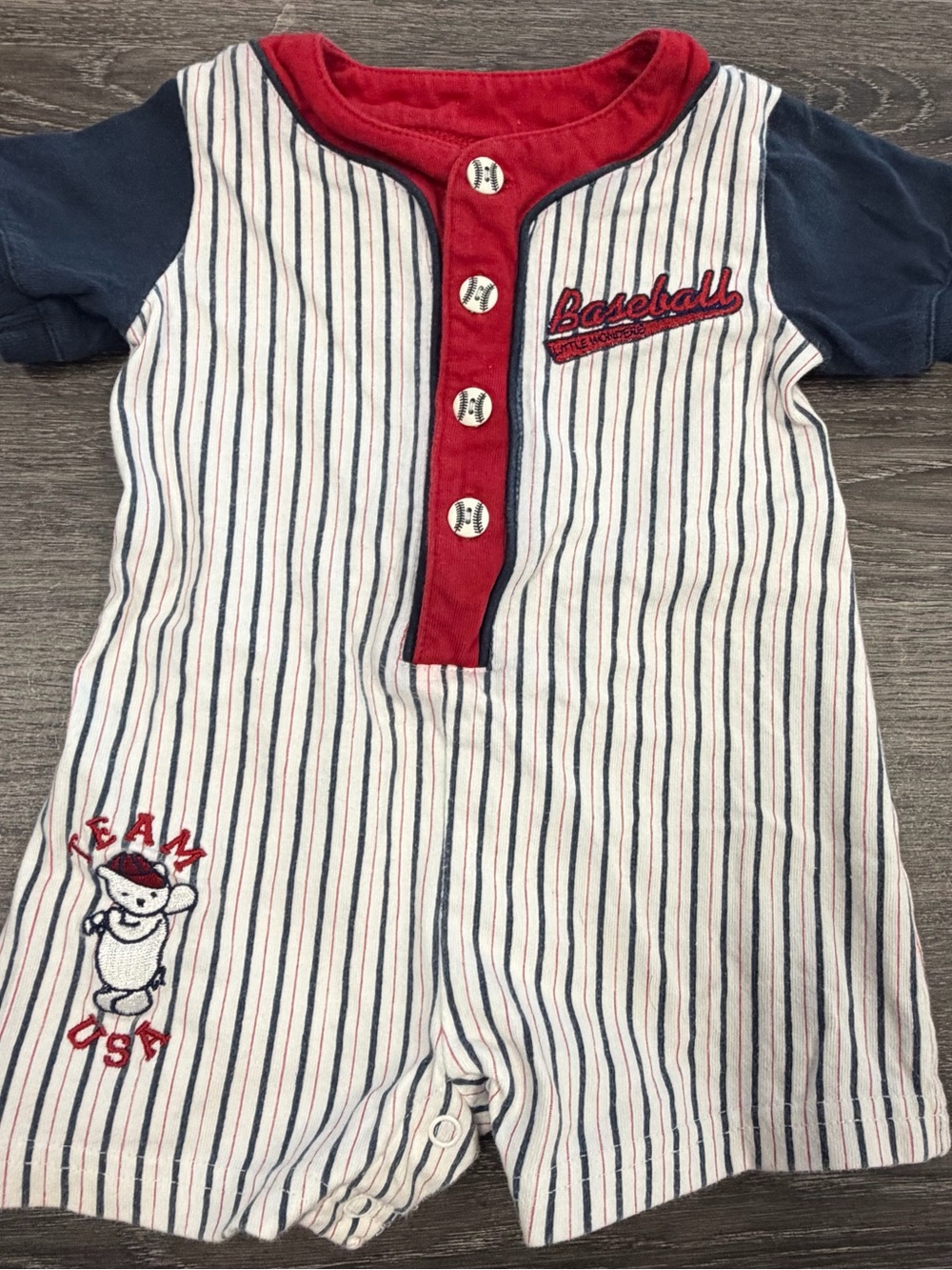 Vintage Little Wonders Baseball Romper Team USA Bear Appliqué Striped 3-6 Months